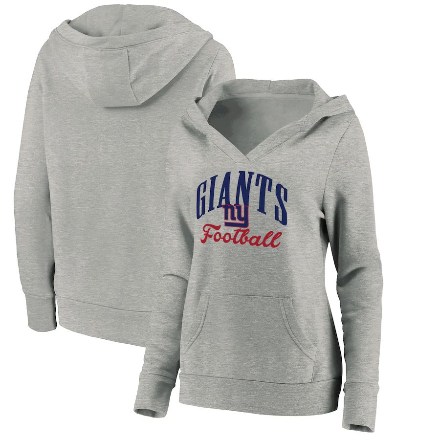 Women New York Giants Fanatics Branded Heathered Gray Victory Script V-Neck Pullover Hoodie->women nfl jersey->Women Jersey